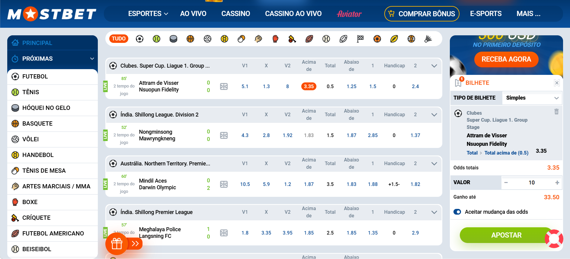 Interface de Apostas Mostbet